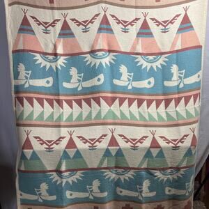 Vintage Southwestern Cotton Blanket Throw L.L. Bean 100% Cotton Woven 62" x 48"